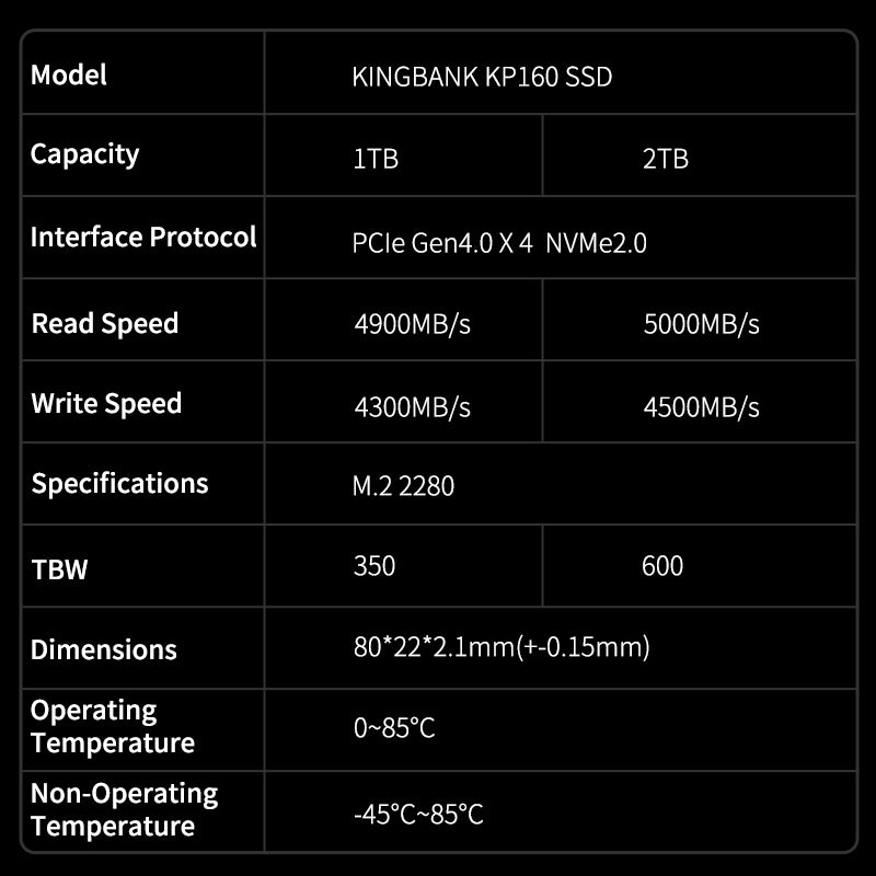 Kingbank KP160 2TB M.2 5000/4200 PCIe 4.0 NVMe M.2 2280 SSD