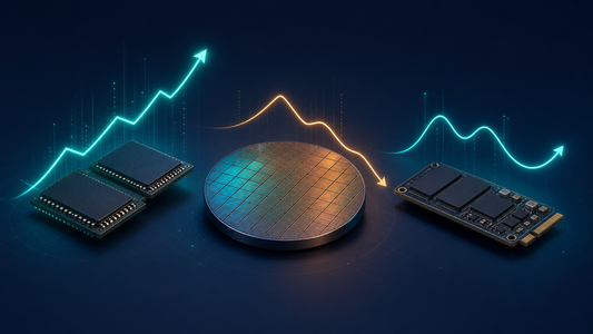 Original Aochips editorial illustration of DRAM, NAND flash and SSD market signals