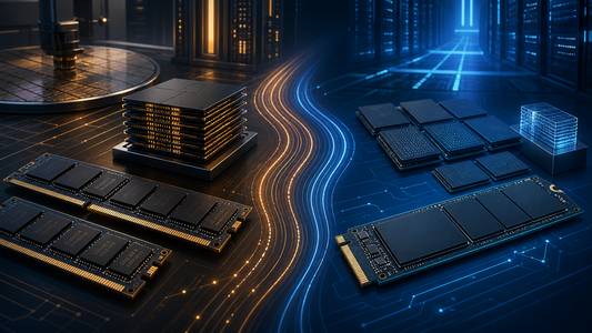 Original Aochips editorial illustration of diverging DRAM, HBM, NAND flash and SSD supply signals