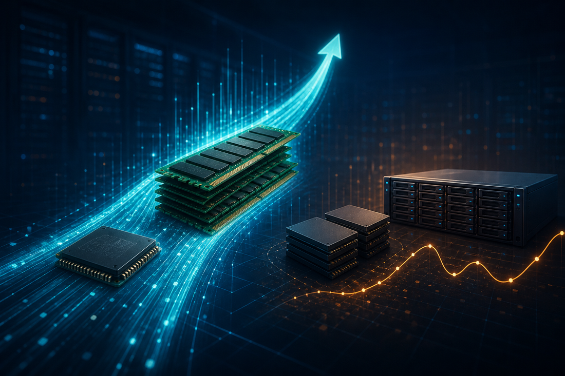 Original Aochips editorial illustration of diverging DRAM, NAND and enterprise SSD market signals