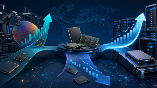 Original Aochips editorial illustration of diverging DRAM, NAND and enterprise SSD market signals