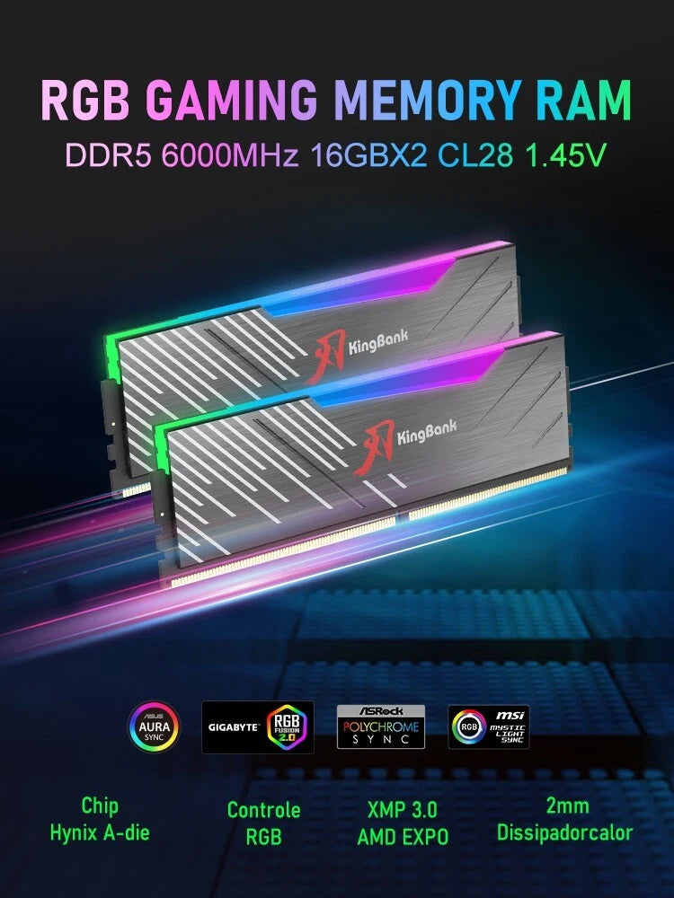 Kingbank KRRB DDR5 6000MHz 16GB*2 UDIMM A Hynix CL28 Black RGB