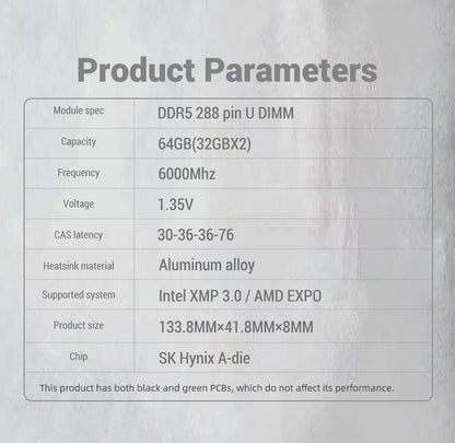 Kingbank KRRW DDR5 6000MHz 32GB*2 UDIMM M Hynix CL36 White RGB