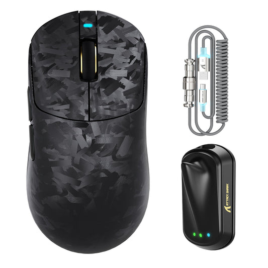 ATTACK SHARK RS3 ULTRA Carbon Fiber Wireless PAW3955MAX Gaming Mouse with C06 Ultra LED Cable