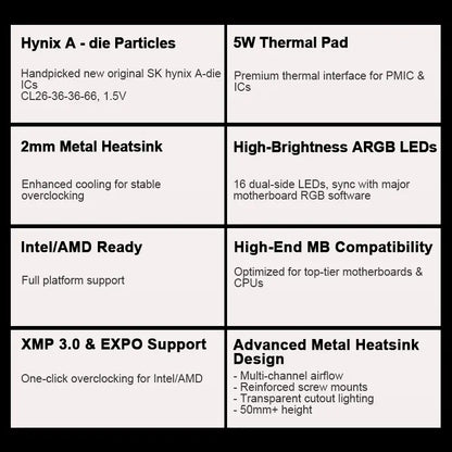 Kingbank KFRB DDR5 6000MHz 16GB*2 UDIMM A Hynix CL26 Black RGB