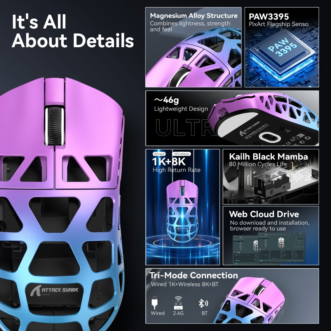 ATTACK SHARK R3 Magnesium Alloy Gaming Mouse 8K - Purple