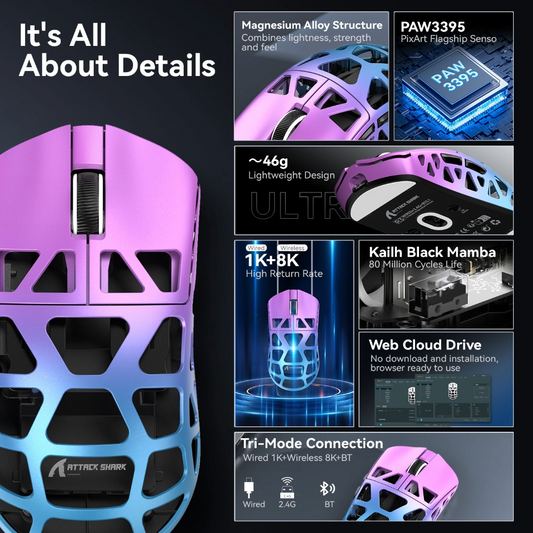 ATTACK SHARK R3 Magnesium Alloy Gaming Mouse 8K - Purple